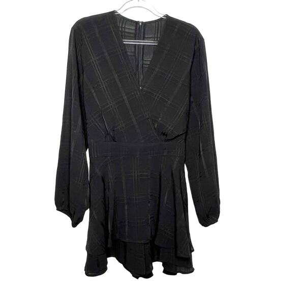 Long Sleeve Faux Wrap Romper Dress V-Neck Tie Back Checked Plaid Black Size XXL - Picture 5 of 5